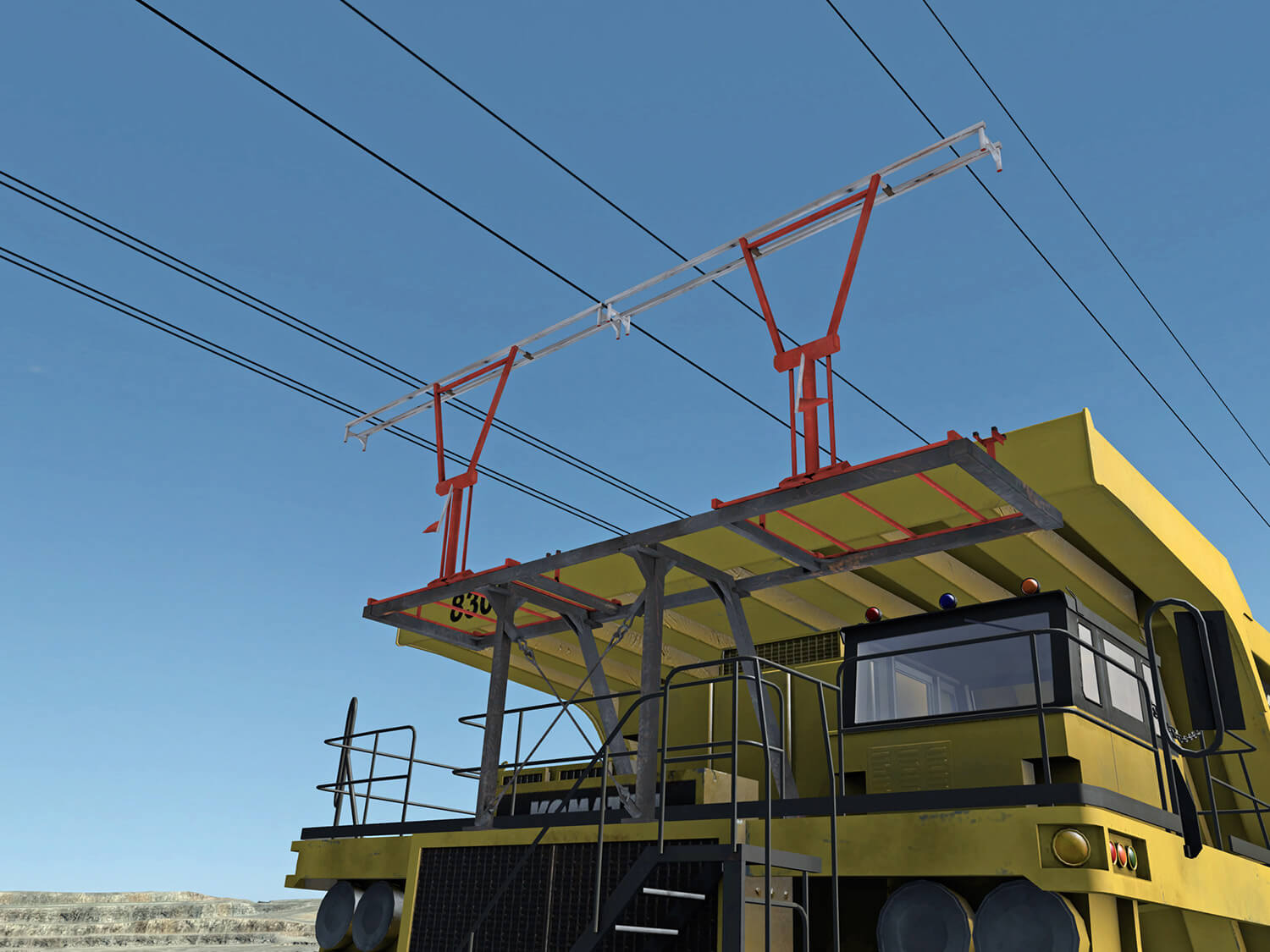 Komatsu 830E-5T Haul Truck (Trolley Assist, with Multifunctional Operator Display) - Pantograph closeup